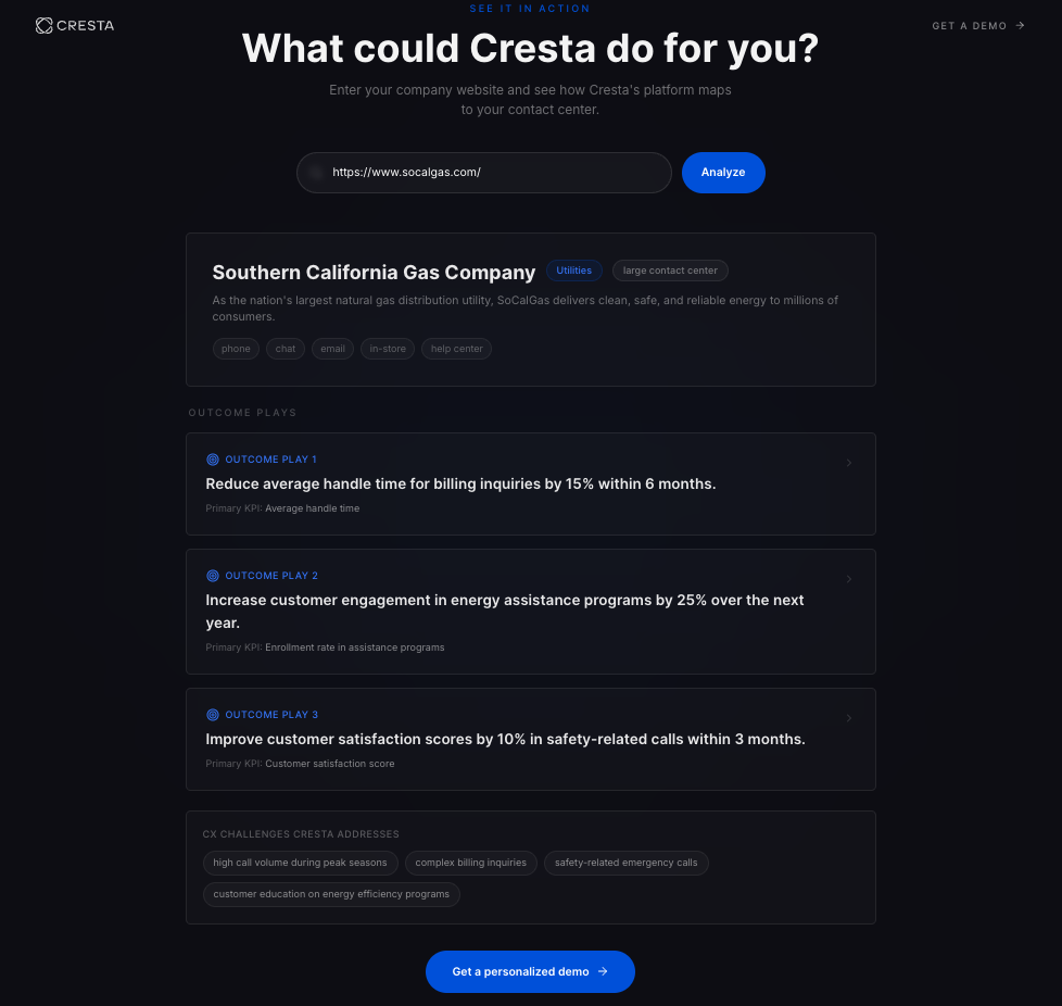Cresta Value Proposition Mapping Tool - Generates customized outcome plays based on company analysis